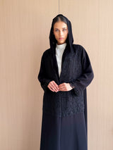V Neck Straight Cut Abaya - Patch Work Black Bead Work