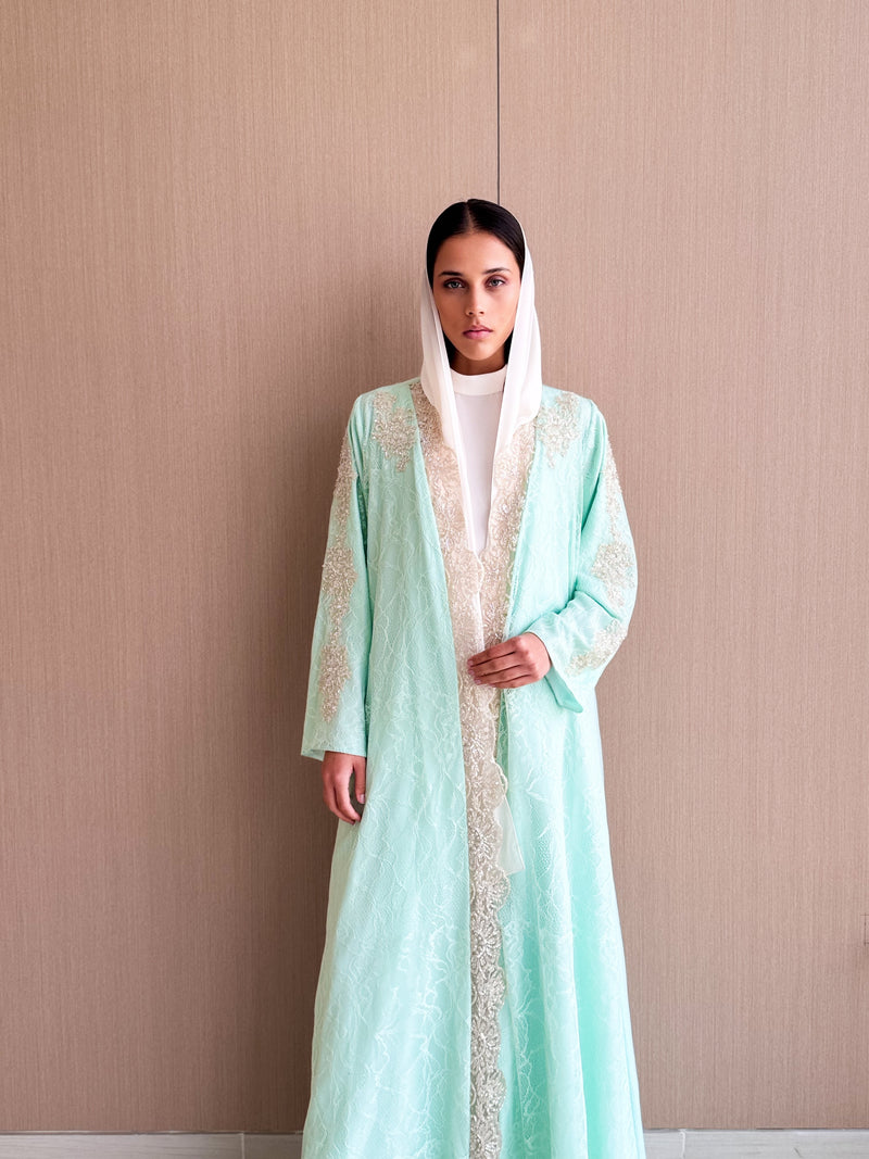 Straight Cut Abaya - creme Curvy Bead Lace