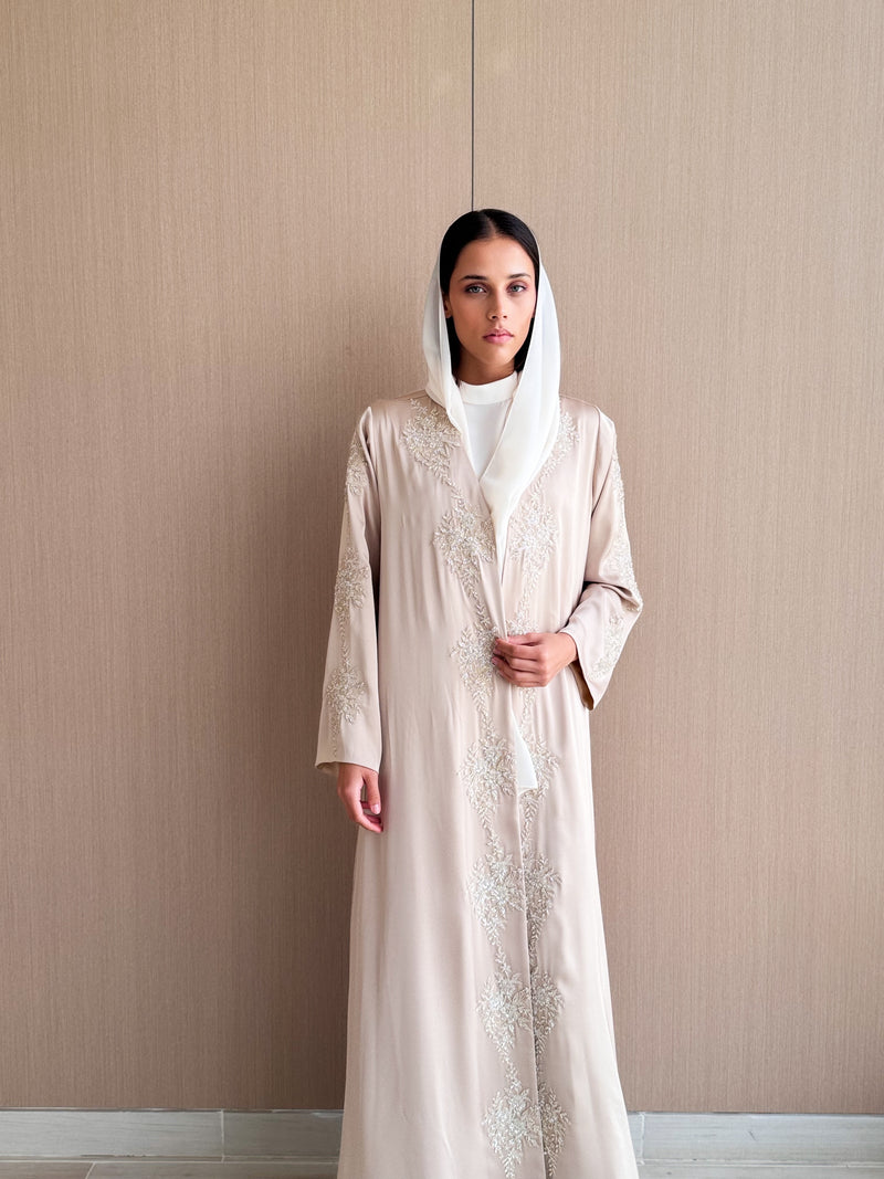 V Neck Abaya - Gold Bead Patch Flower Lace