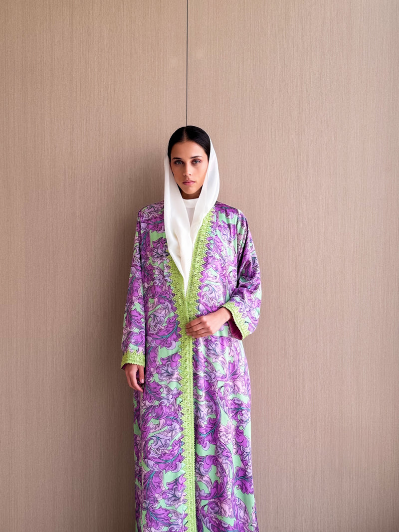 Straight Cut Abaya -Neon Green and Purple Mix Printed