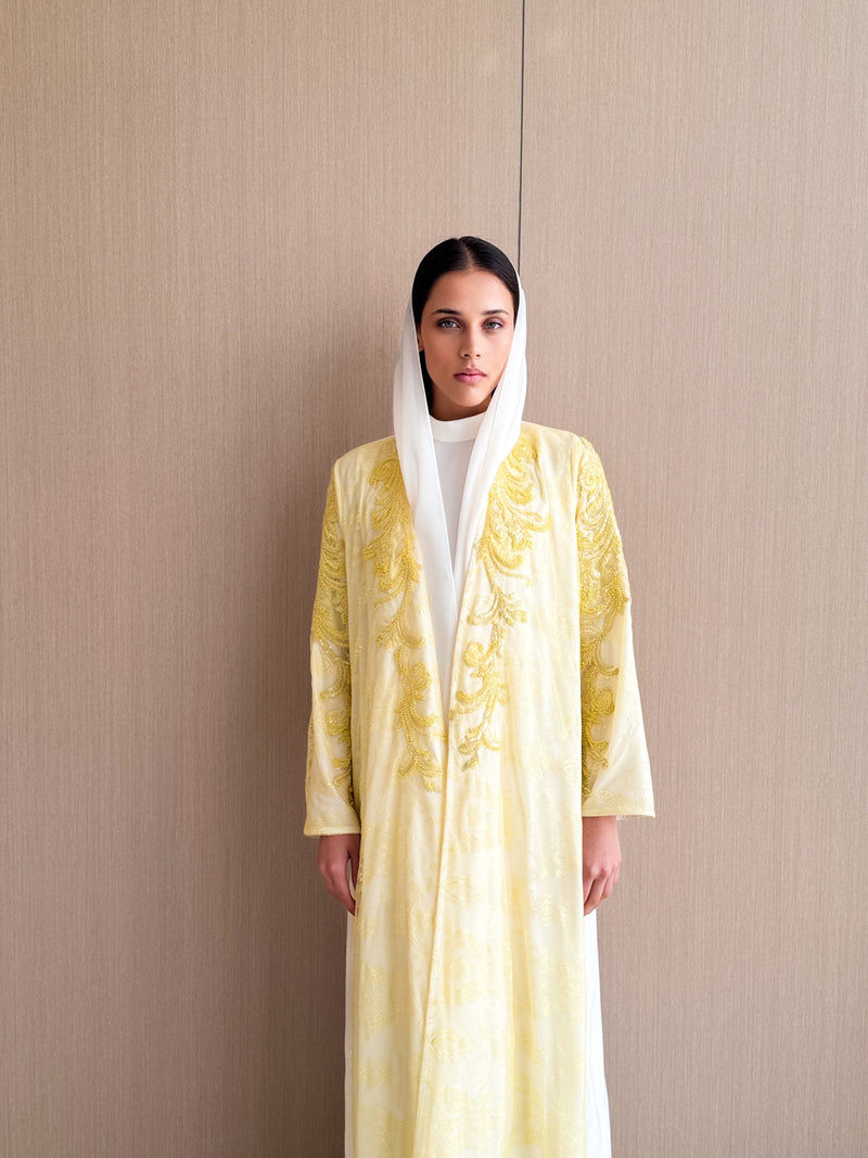 V Neck Abaya - Yellow Bead Work Lace