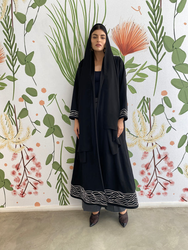 Silk black cord wave Abaya