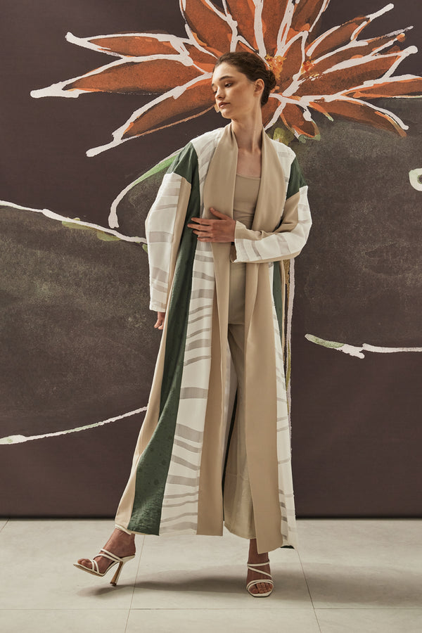 3-Panel Sustainable Abaya in Green, White, and Beige