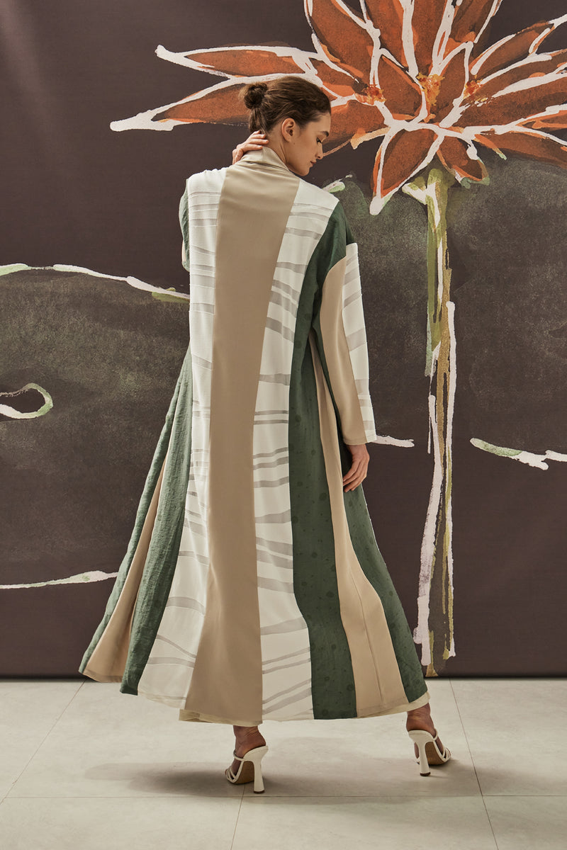 3-Panel Sustainable Abaya in Green, White, and Beige