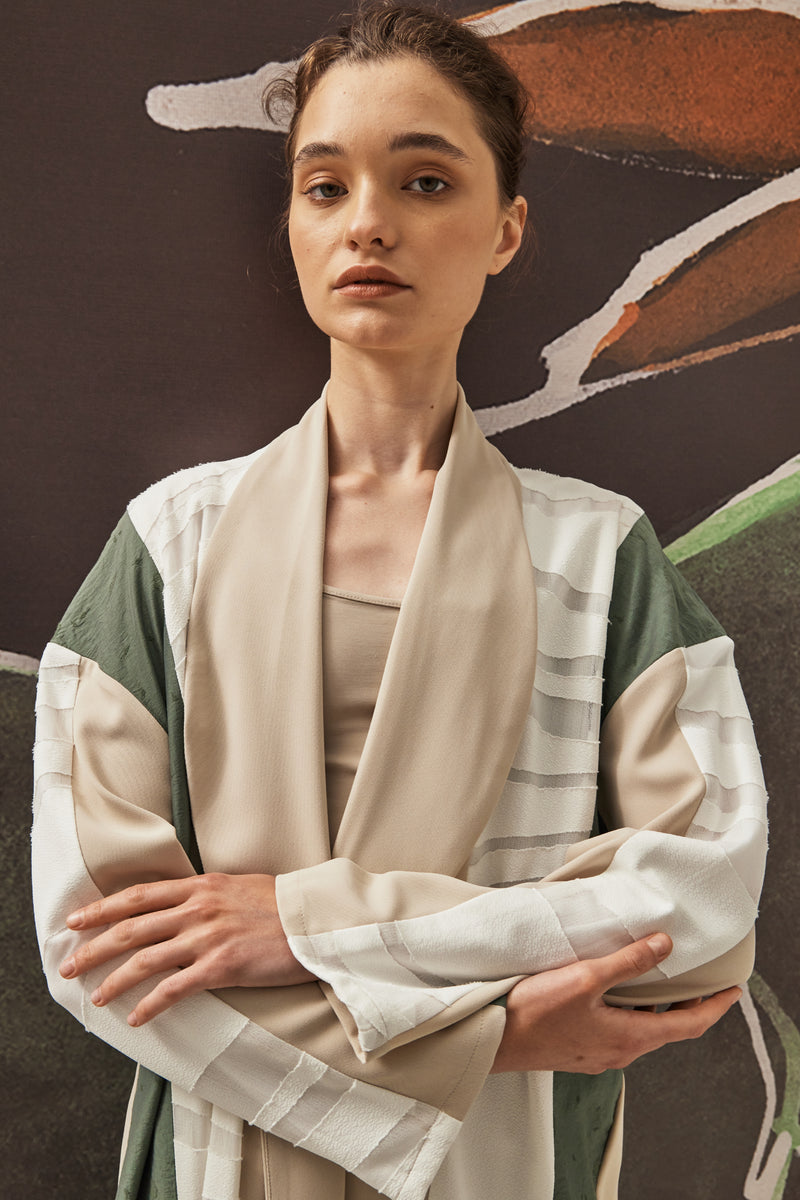 3-Panel Sustainable Abaya in Green, White, and Beige