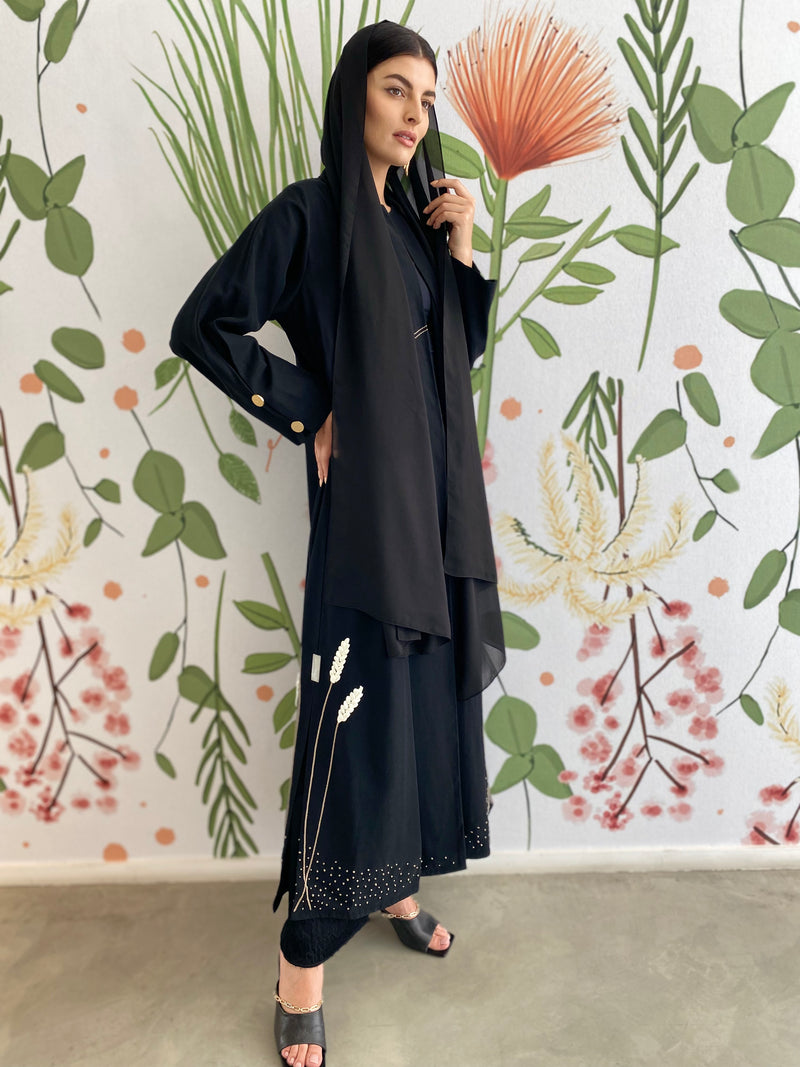 Luna cut abaya in desert cotton embroidery