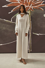 Chinese Collar Pleat Dress in White
