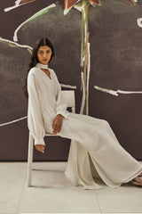 Chinese Collar Pleat Dress in White
