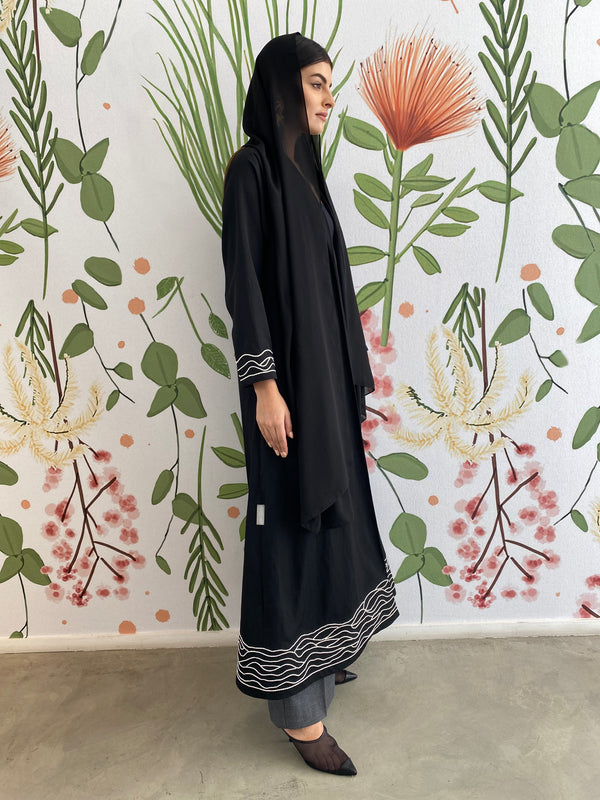 Silk black cord wave Abaya