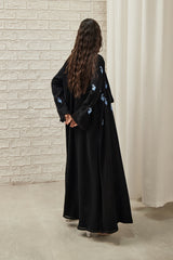 Draped Collar with Baby Lily Embroidery Abaya in Black
