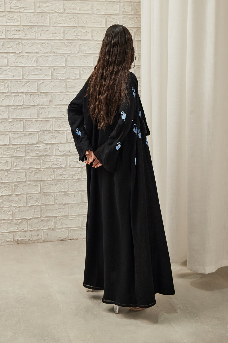 Draped Collar with Baby Lily Embroidery Abaya in Black