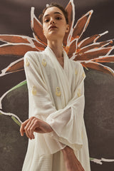 Draped Collar with Baby Lily Embroidery Abaya in White