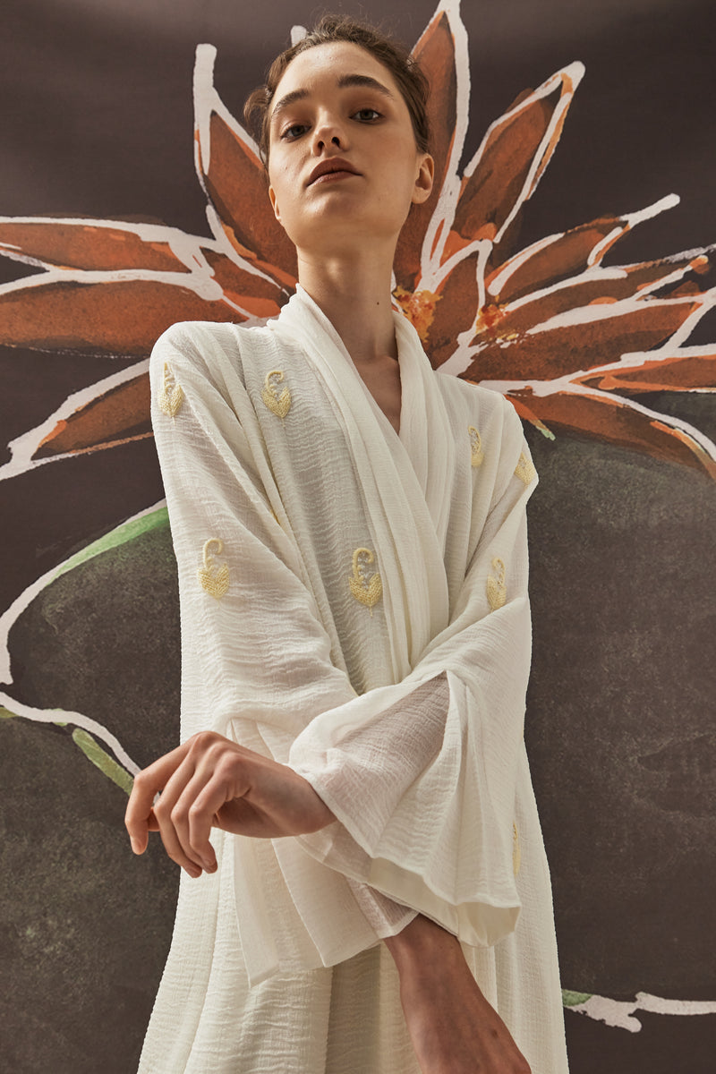 Draped Collar with Baby Lily Embroidery Abaya in White