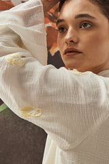 Draped Collar with Baby Lily Embroidery Abaya in White