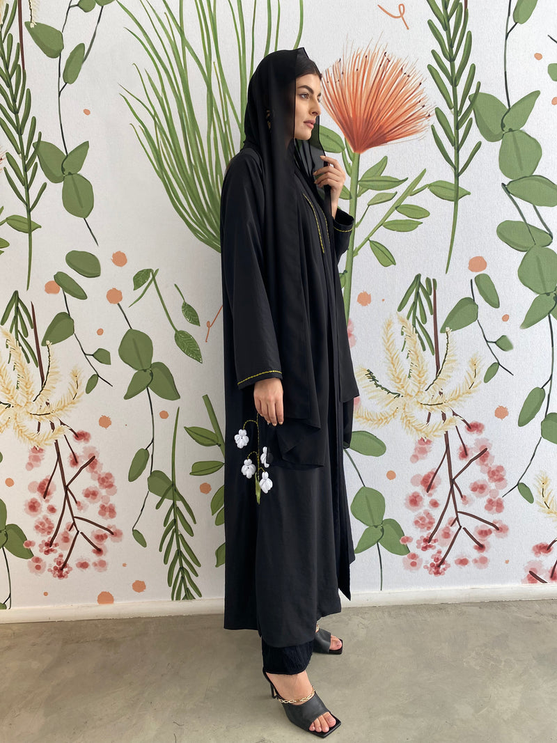 Black garden lily embroidery Abaya