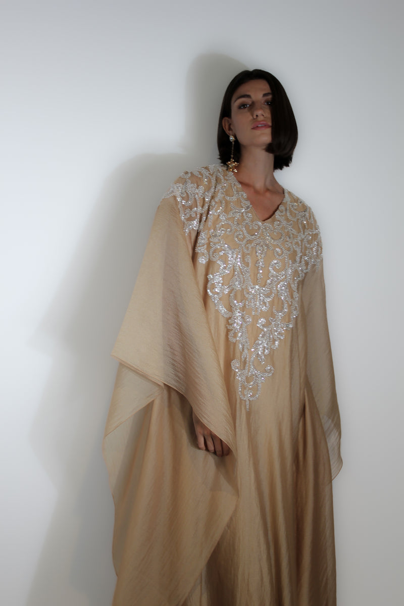 Gold kaftan in beads lace work