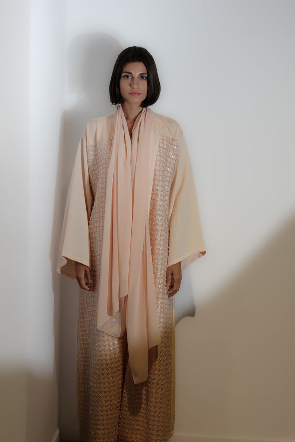 Creme beige abaya in white pearl lace