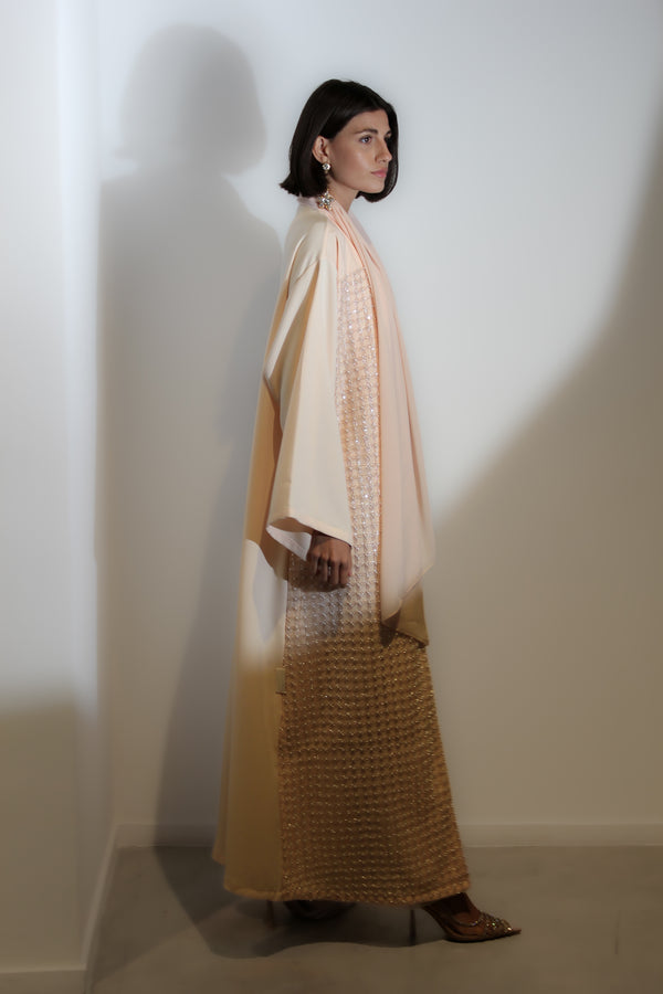 Creme beige abaya in white pearl lace