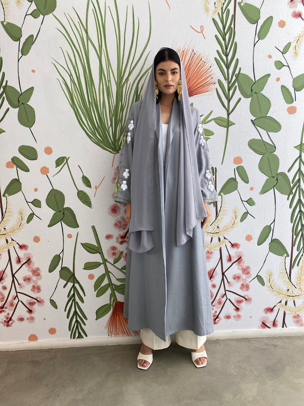 Light Grey garden lily embroidery Abaya