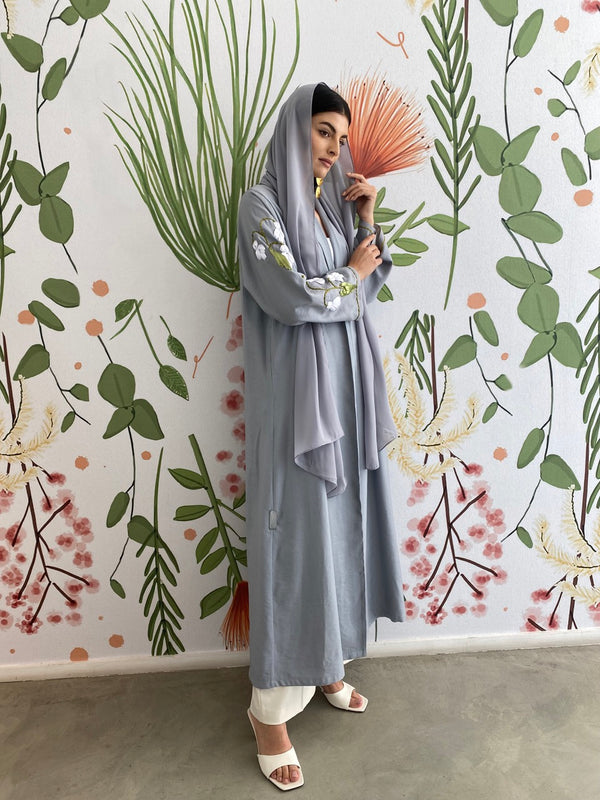 Light Grey garden lily embroidery Abaya