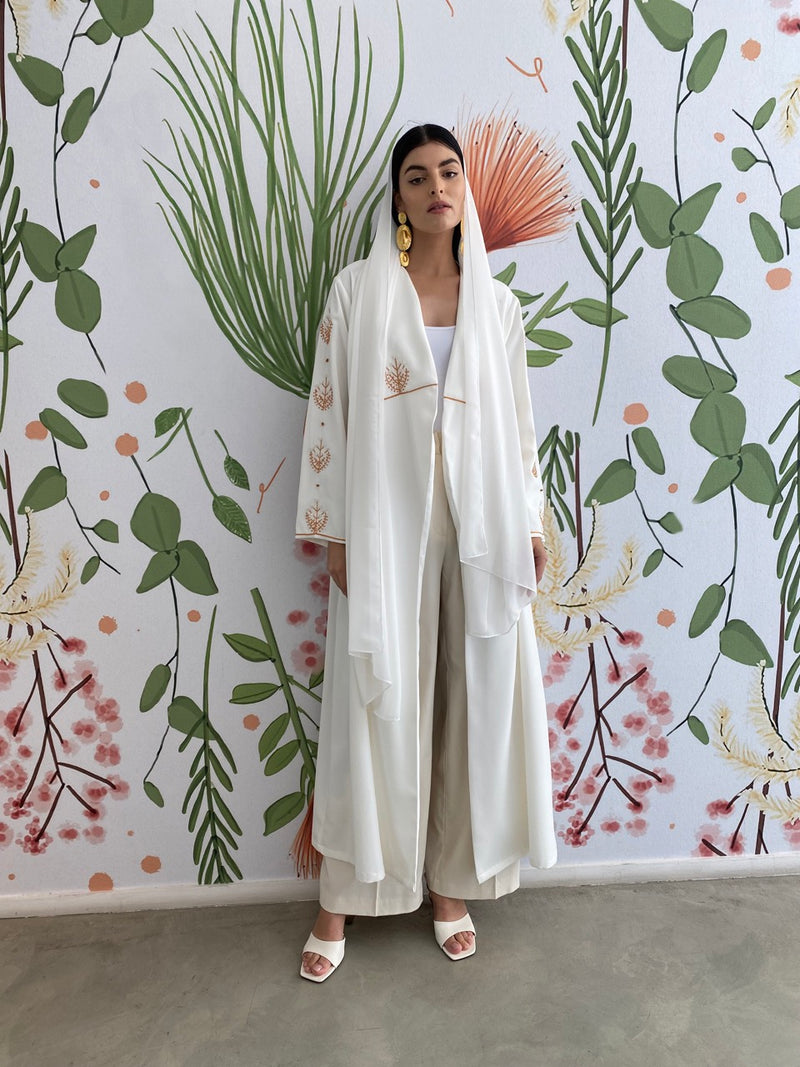 White Pom Pom Dahlia embroidery abaya