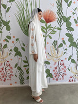 White Pom Pom Dahlia Embroidery Abaya