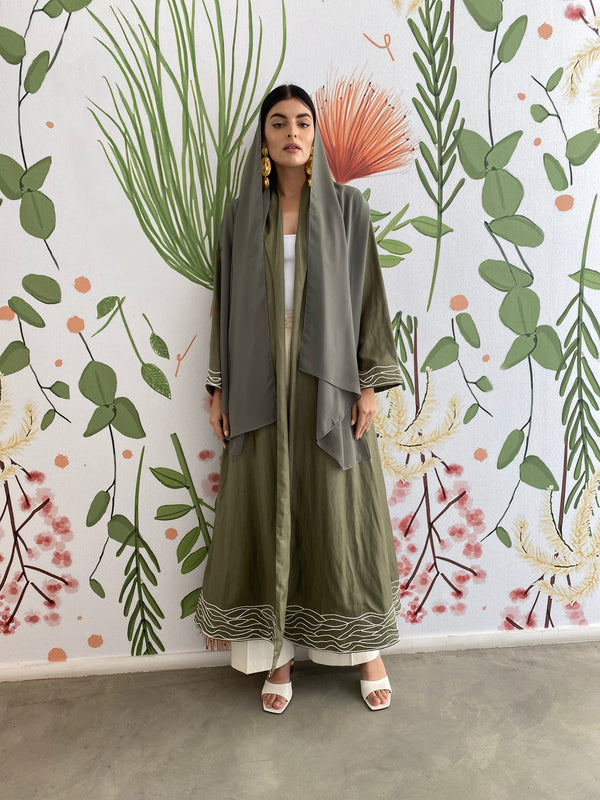 Silk Olive cord wave Abaya