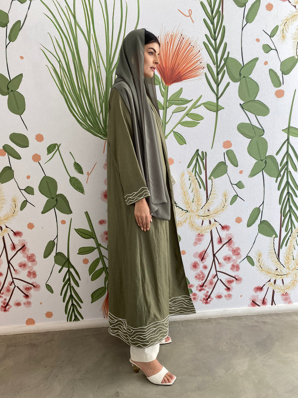 Silk Olive cord wave Abaya