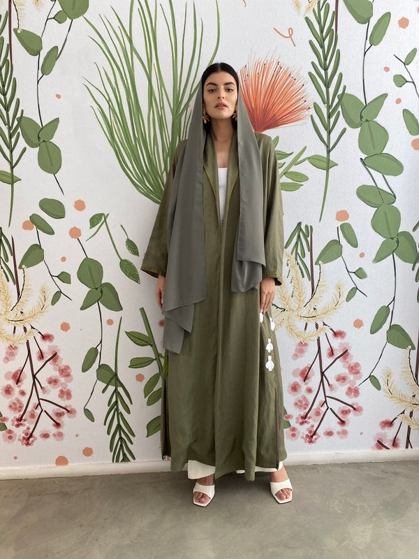 Olive green lily embroidery Abaya