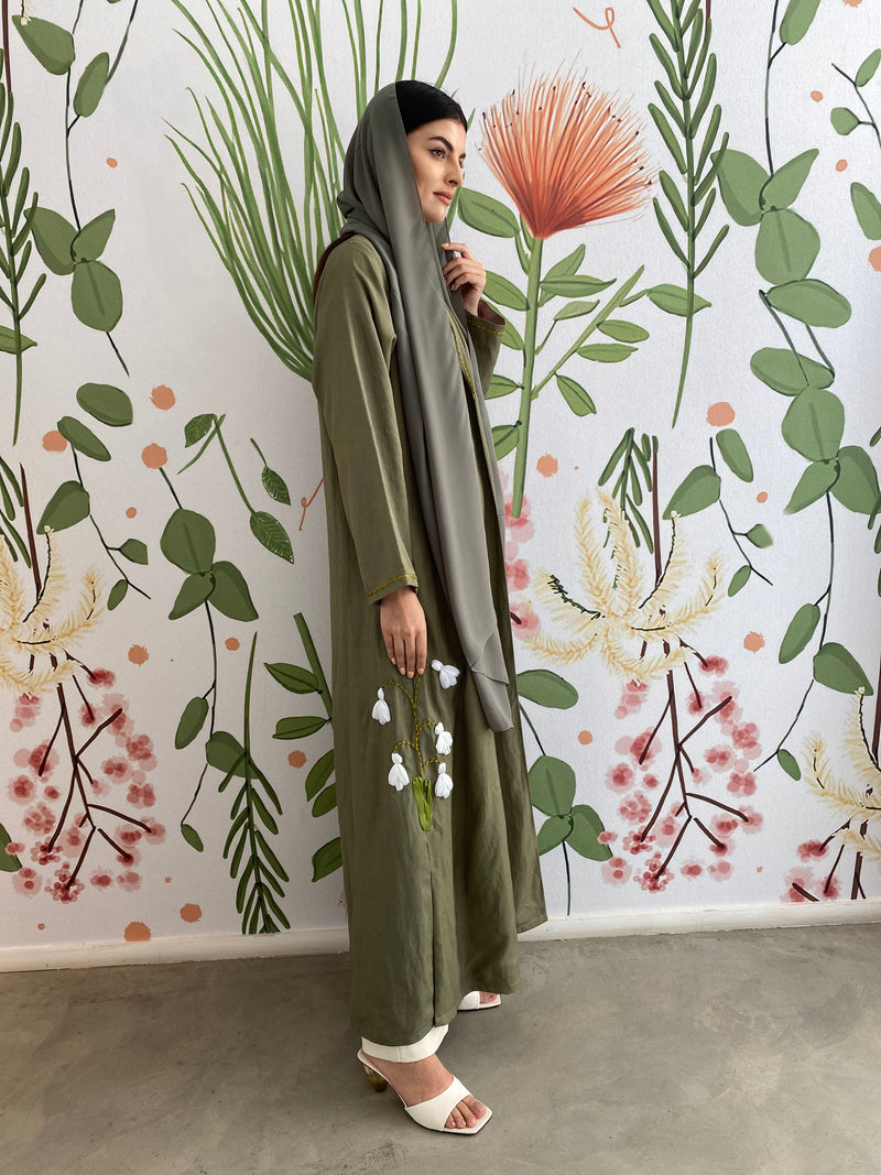Olive green lily embroidery Abaya