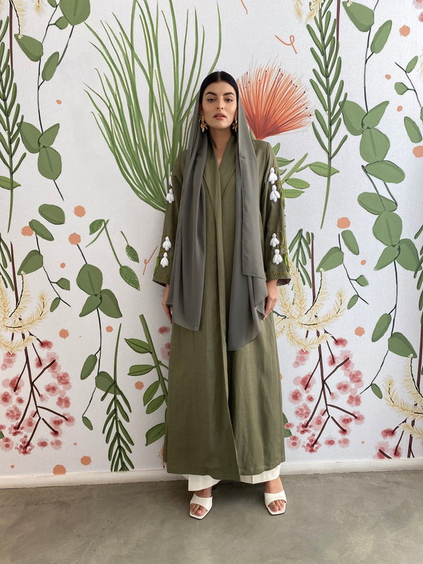 Light olive garden lily embroidery Abaya