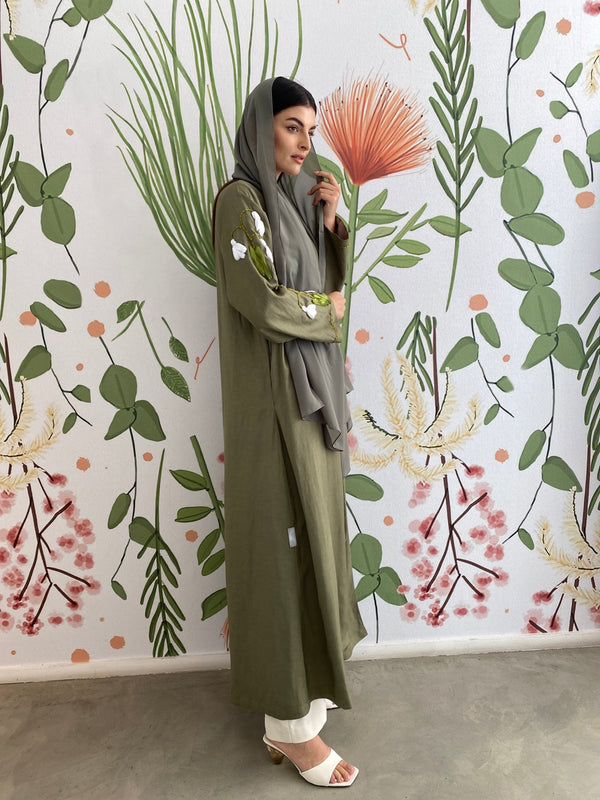 Light olive garden lily embroidery Abaya