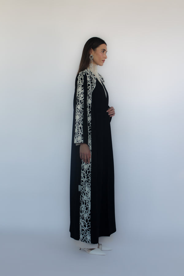 BLACK V-NECK ABAYA WITH LACE PANEL