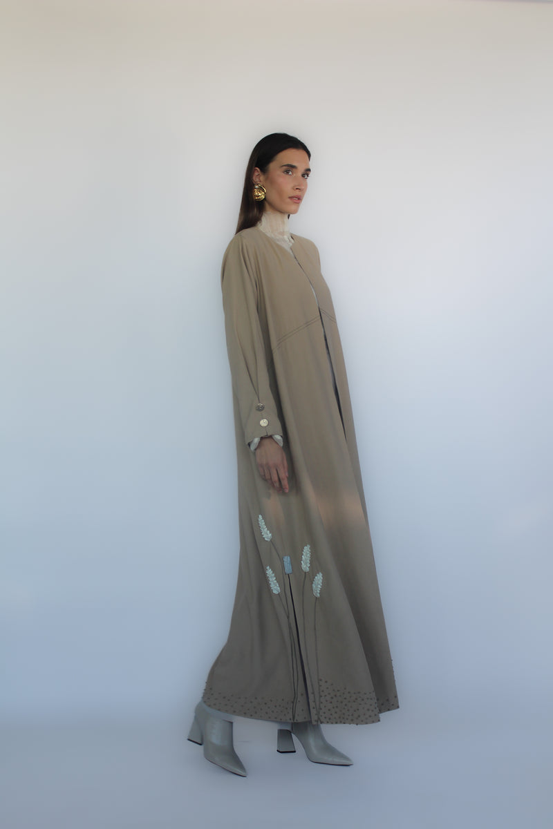 Luna cut abaya in beige desert cotton embroidery