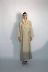 Beige Jacket Collar Abaya with side Ribbon