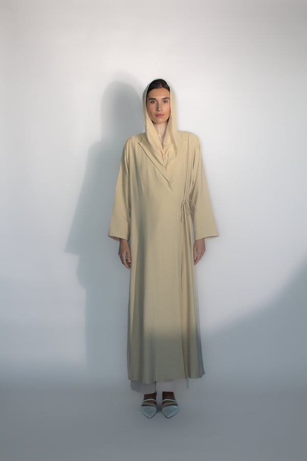 Beige Jacket Collar Abaya with side Ribbon