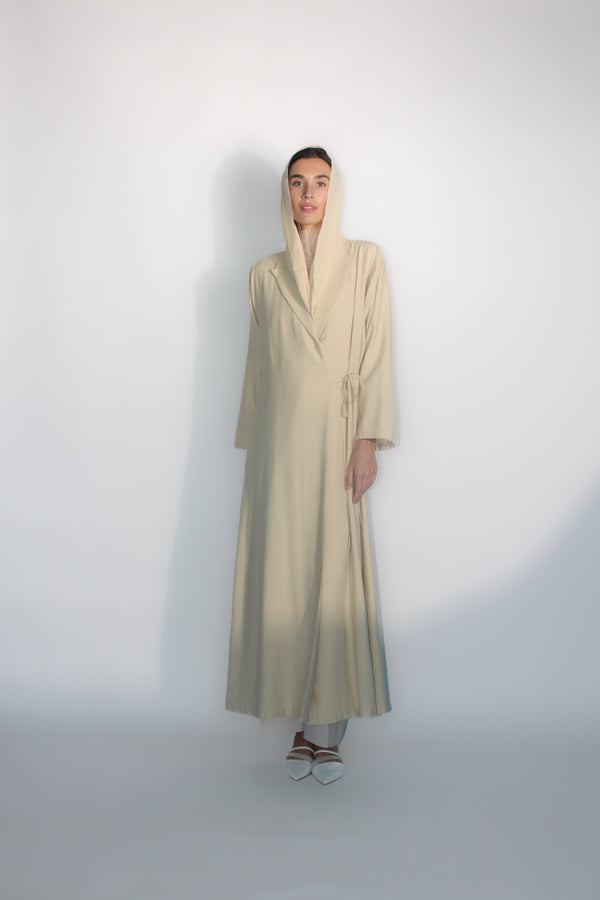 Beige Jacket Collar Abaya with side Ribbon