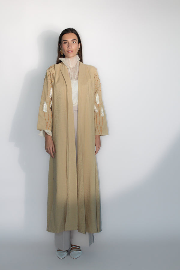 Zianah cut abaya in beige desert cotton embroidery