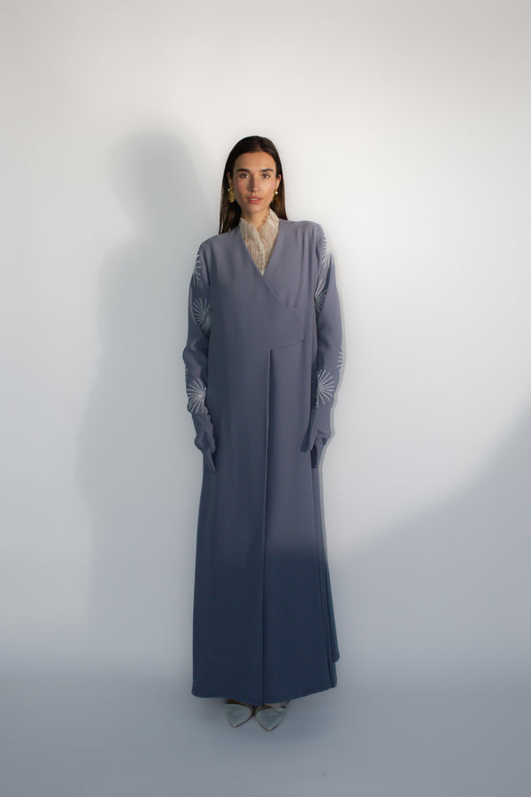 GREY V-NECK STAR EMBROIDERY ABAYA