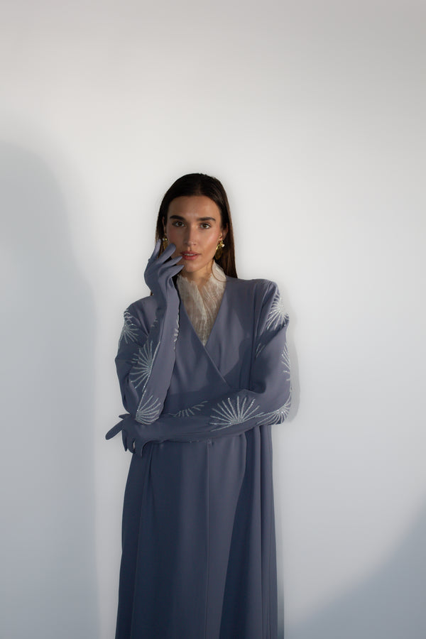 GREY V-NECK STAR EMBROIDERY ABAYA