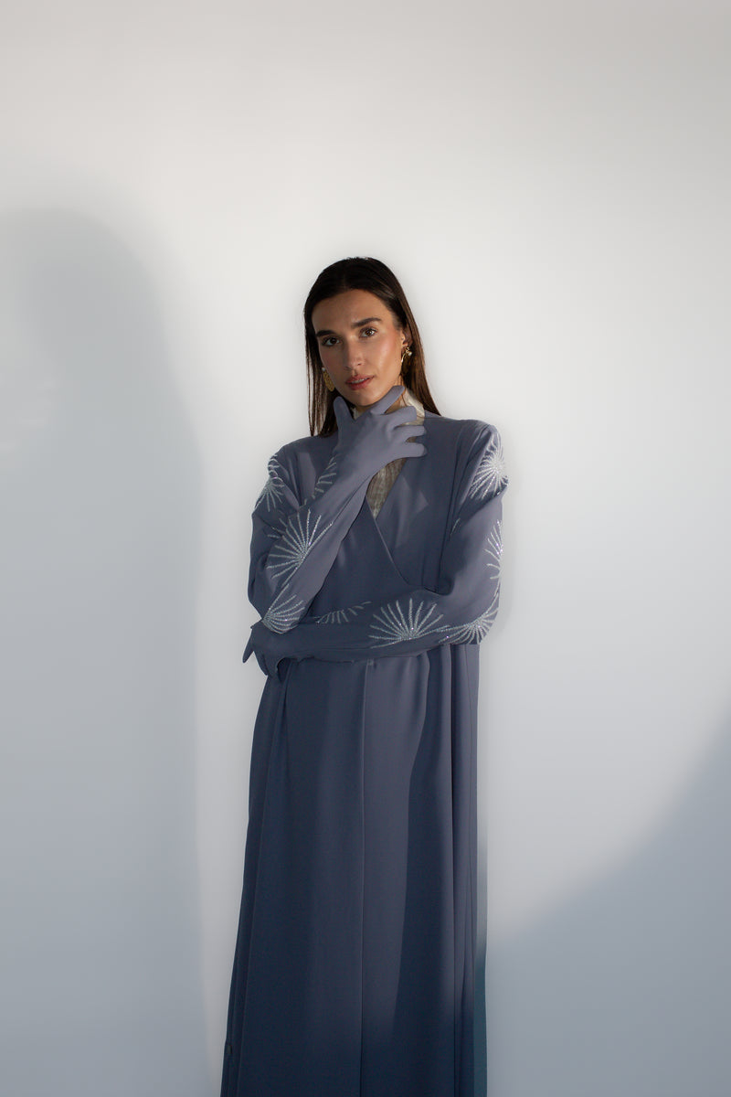 GREY V-NECK STAR EMBROIDERY ABAYA