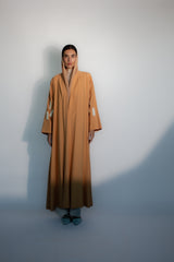 Zianah cut abaya in beige desert cotton embroidery