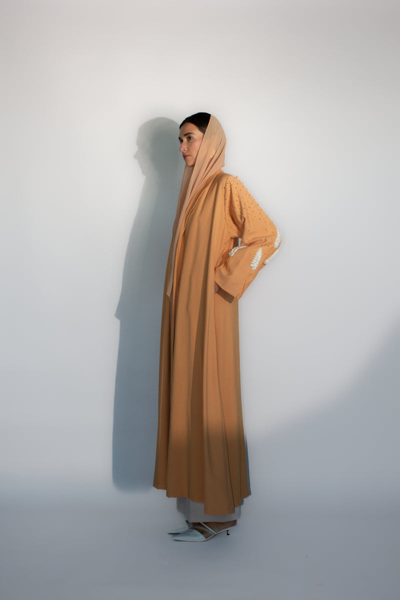 Zianah cut abaya in beige desert cotton embroidery