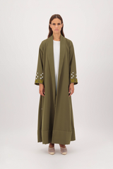 Pom-Pom Dahlia Zainah Cut Abaya in Dark Olive