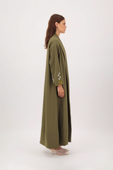 Pom-Pom Dahlia Zainah Cut Abaya in Dark Olive