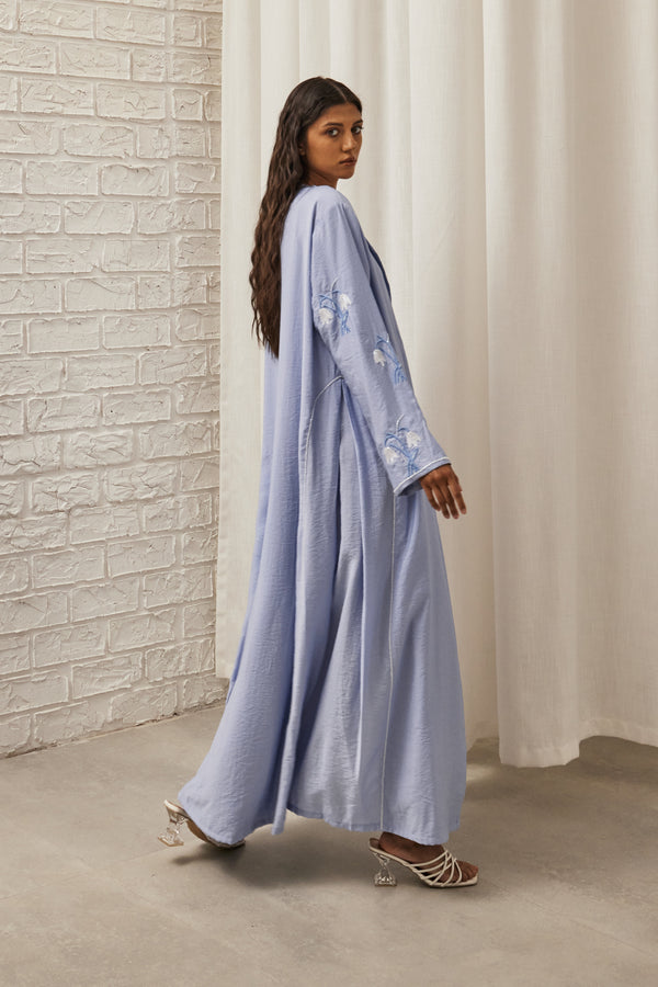 Wild Lily Embroidery Abaya in Sky Blue